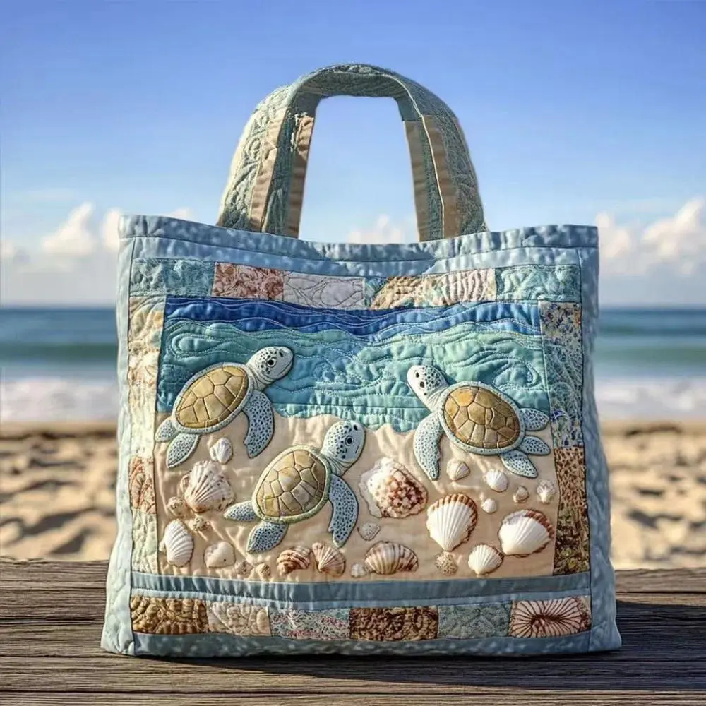 High Quality Turtle Print Turtle Quilted Tote Bag Large Capacity Soft Shoulder Bag 3D Durable Ocean Turtle Canvas Tote