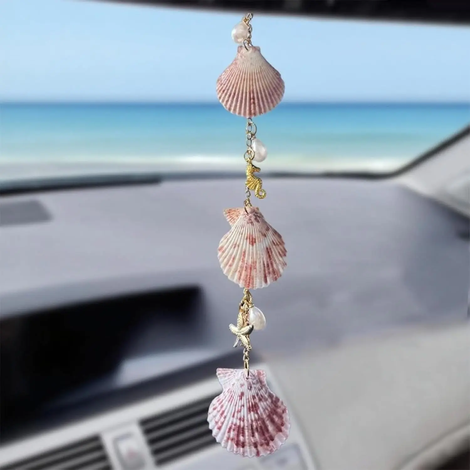 Beach-Themed Handmade Gold Plated Sea Shell Car Charm - Coastal Car Interior Decor, Boho Starfish Conchas Rear View Mirror Hanging Decorative Ornament for Women