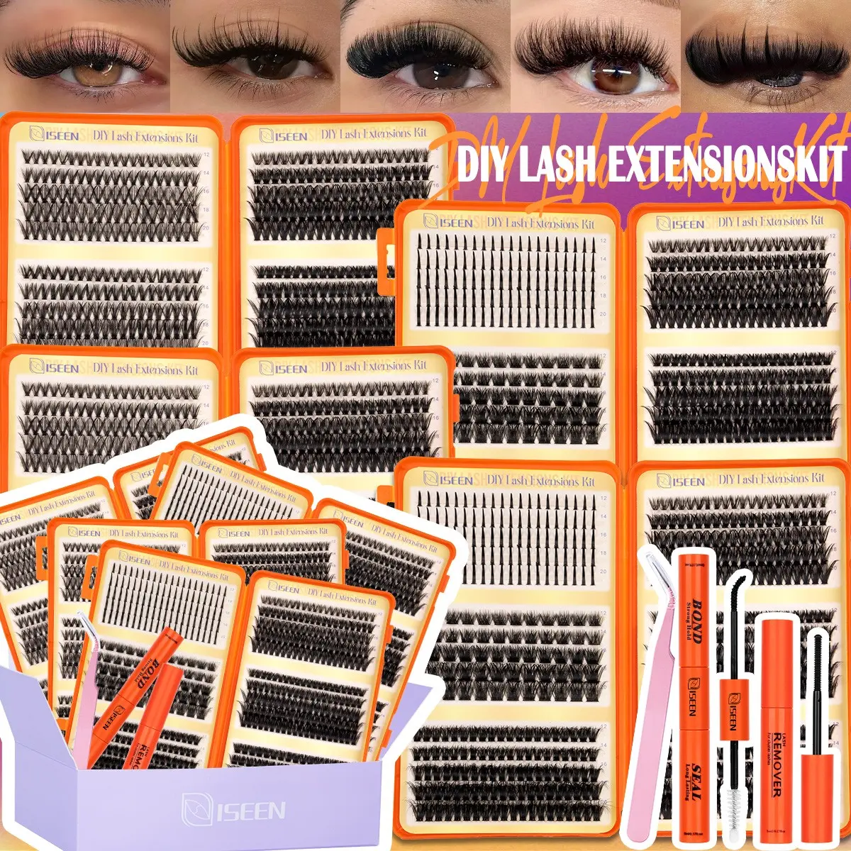 2080pcs Mixed Styles Eyelash Clusters Kit, D Curl, 7 Styles, Natural Manga Lash Extensions Set with Bond&Seal&Remove&Eyelash Tweezers, Wet look Lashes, Beginner Friendly, DIY at Home Easily