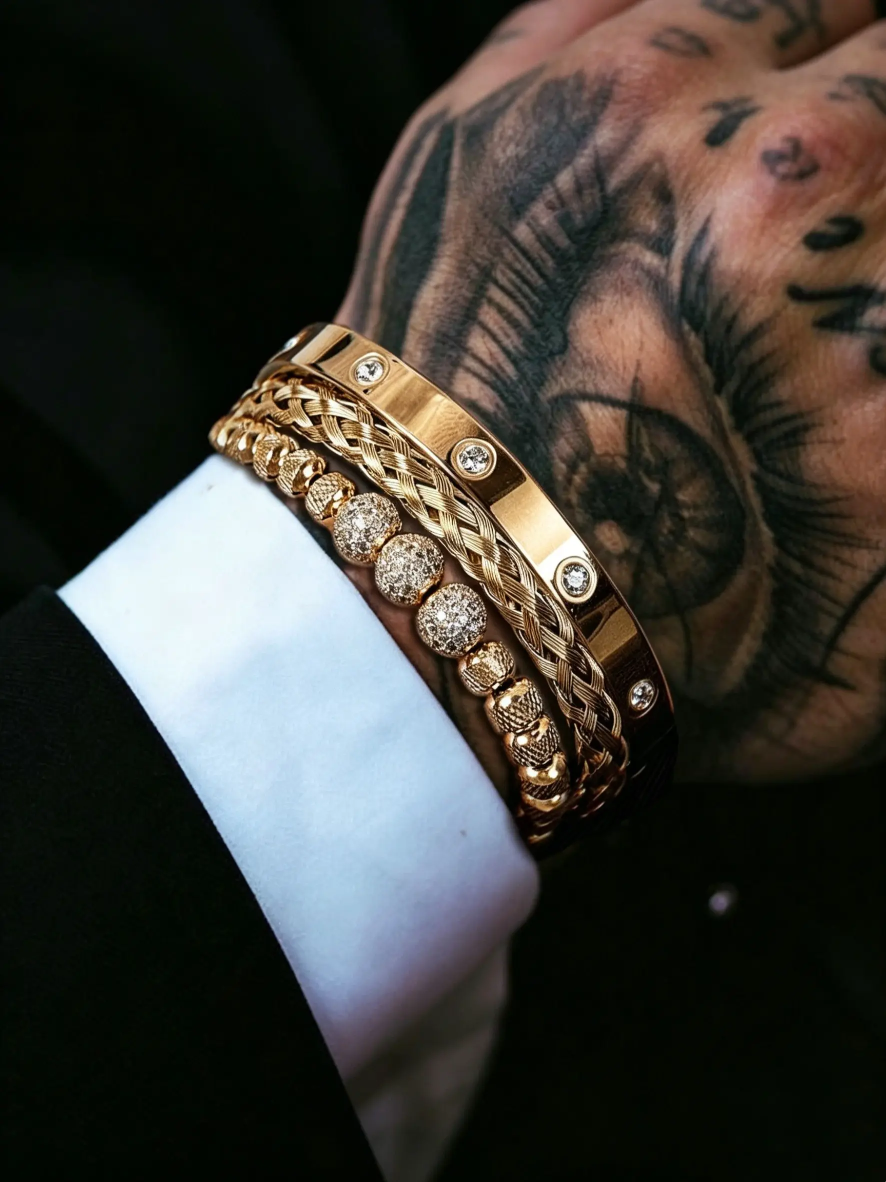 3pcs/set Men's Micro-Set Zircon Bead Bracelet, Stainless Steel Rhinestone Wristband, Couple Handmade Jewelry, Birthday Party Gift