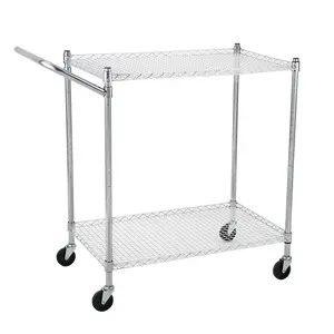 Chrome Plated Carbon Steel 2-Tier Metal Mesh Trolley, 500 LB Capacity, Industrial Utility Cart with Locking Wheels for Kitchen, Pantry, Office, Workshop