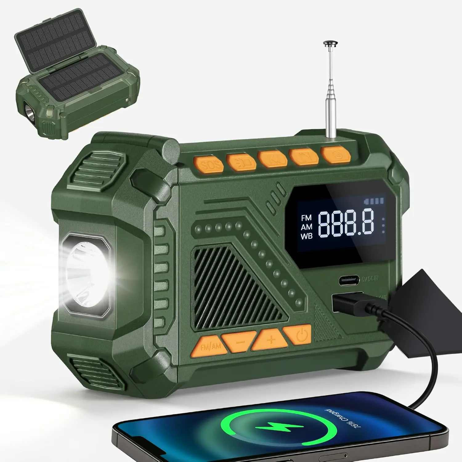 Solar Hand Crank Emergency Radio, 5000mAh NOAA Weather Radio, Radio Portable AM/FM/WB, Flashlight and SOS Alert for Indoor/Outdoor Emergency(Green)