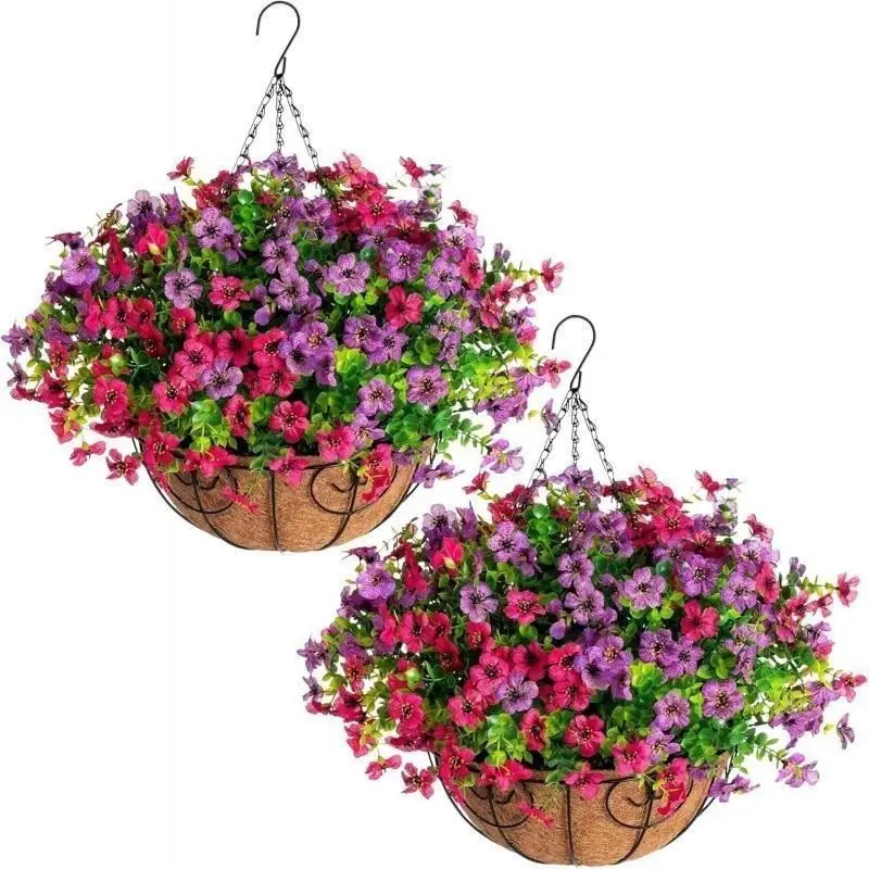 Artificial Outdoor Flowers in 2pc Hanging Baskets, Fake Silk Anti-UV Decorations, Realistic Daisy Eucalyptus Trees for Porch Garden