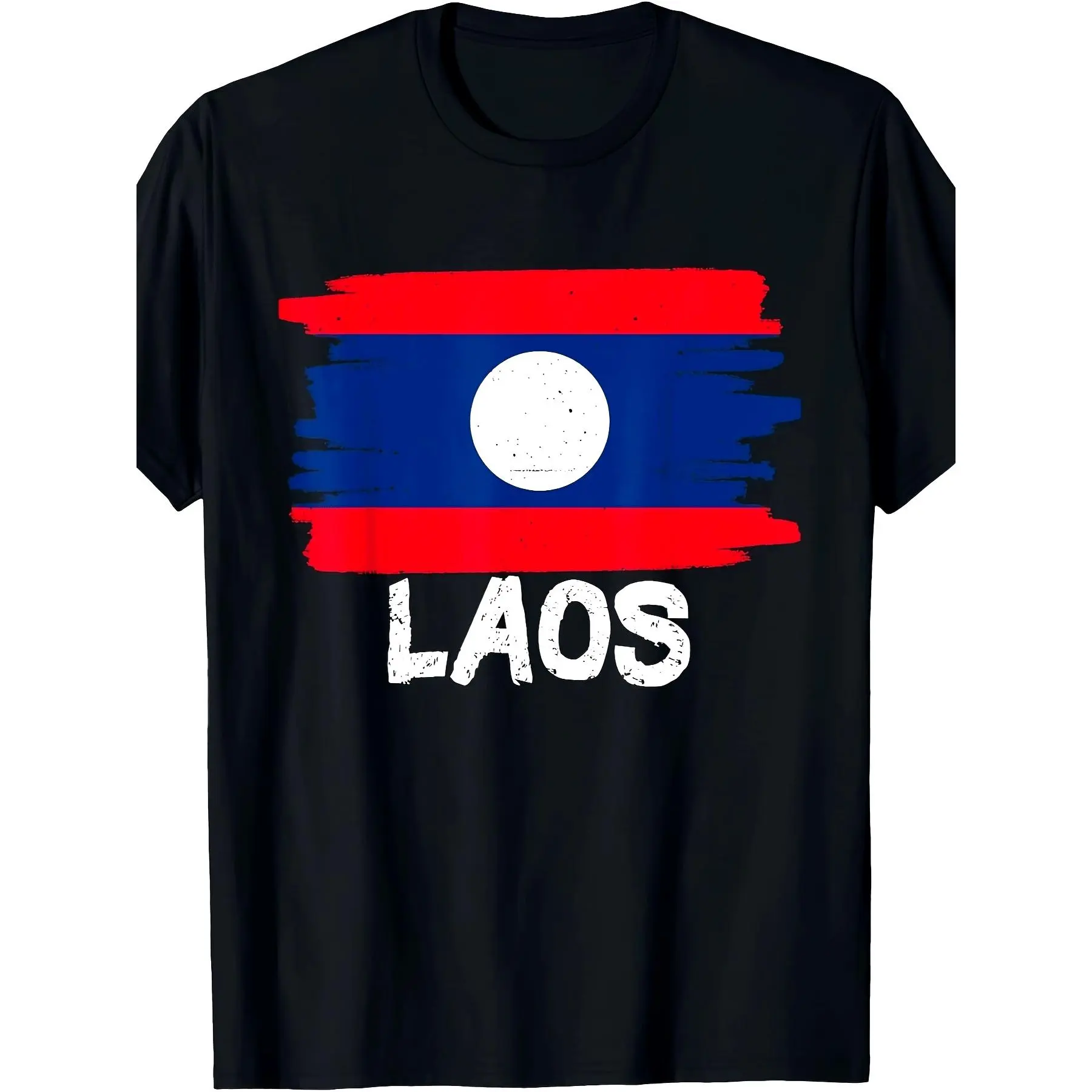 Men's Laos Flag Graphic T-Shirt - 100% Cotton Casual Crew Neck Short Sleeve with National Emblem & LAOS Lettering - Lightweight Breathable Fabric for Casual Attire & Laos-Themed Events - Machine Washable Black