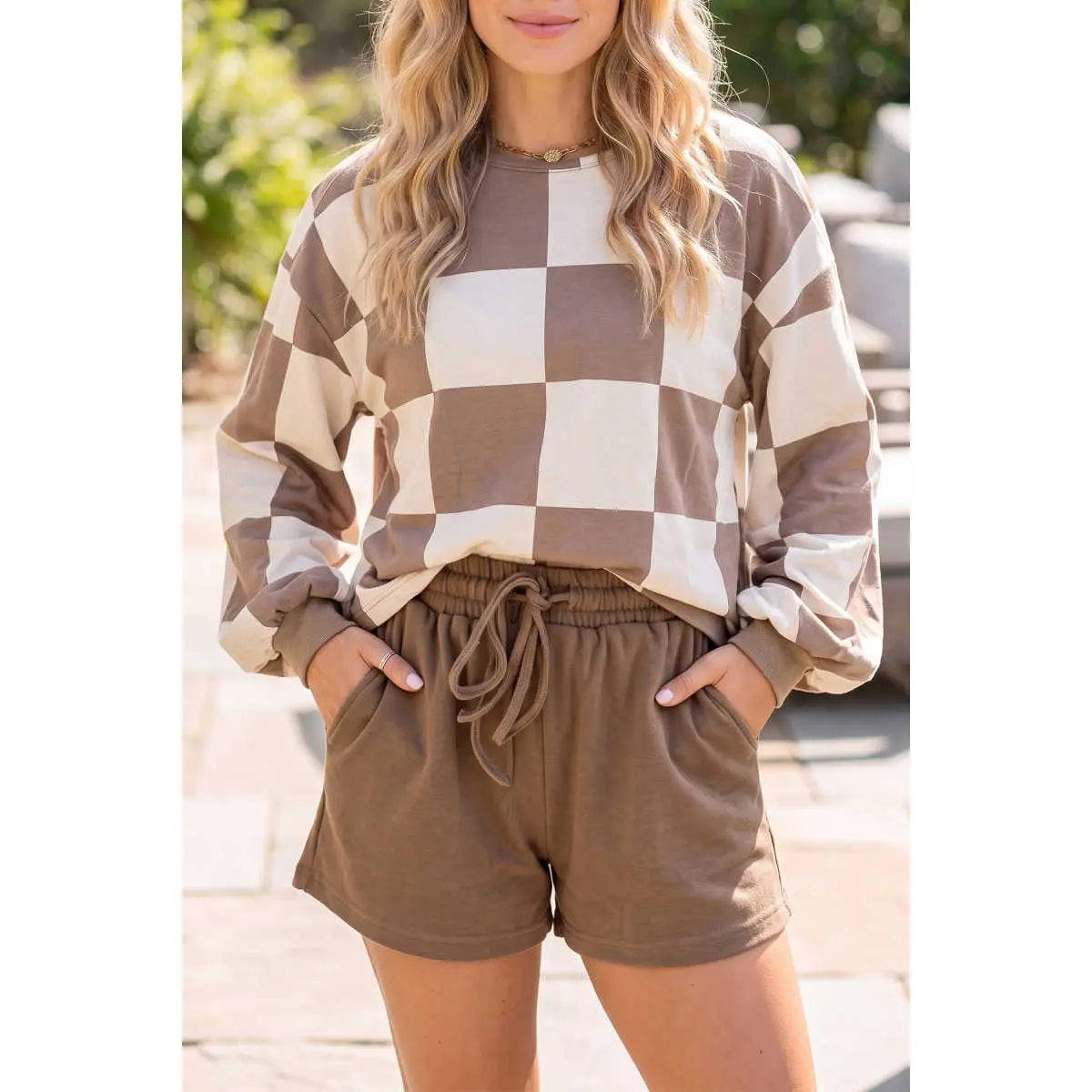 Khaki Checkerboard Plaid Long Sleeve Solid Color Shorts 2pcs Set