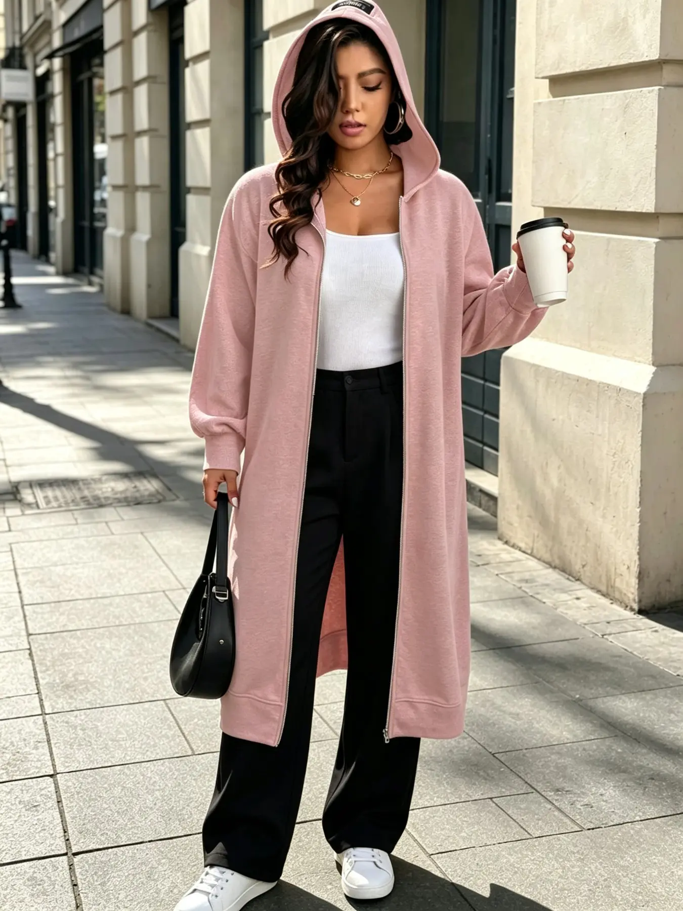 Plus Size Long Hooded Zip-Up Sweatshirt, European Style Casual Lazy Look, Aesthetic, Chic, Lantern Sleeve, Conceals Fat, Slimming, Rainy Day Streetwear Jacket