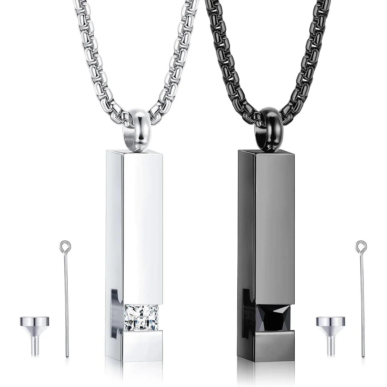 Unisex 2Pcs Black Stainless Steel CZ Cremation Urn Pendant Necklaces - Ashes Holder, Geometric Shape, Casual Everyday Use Memorial Jewelry, Daily