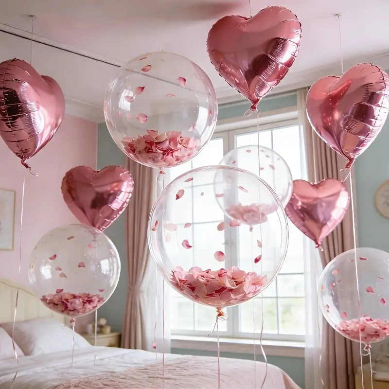 110pcs Balloon Set, Heart Aluminum Foil Balloons, Transparent PVC Balls, 100 Fake Petals, Perfect for Wedding Decor, Valentine's Day Party, Balloon Party Supplies