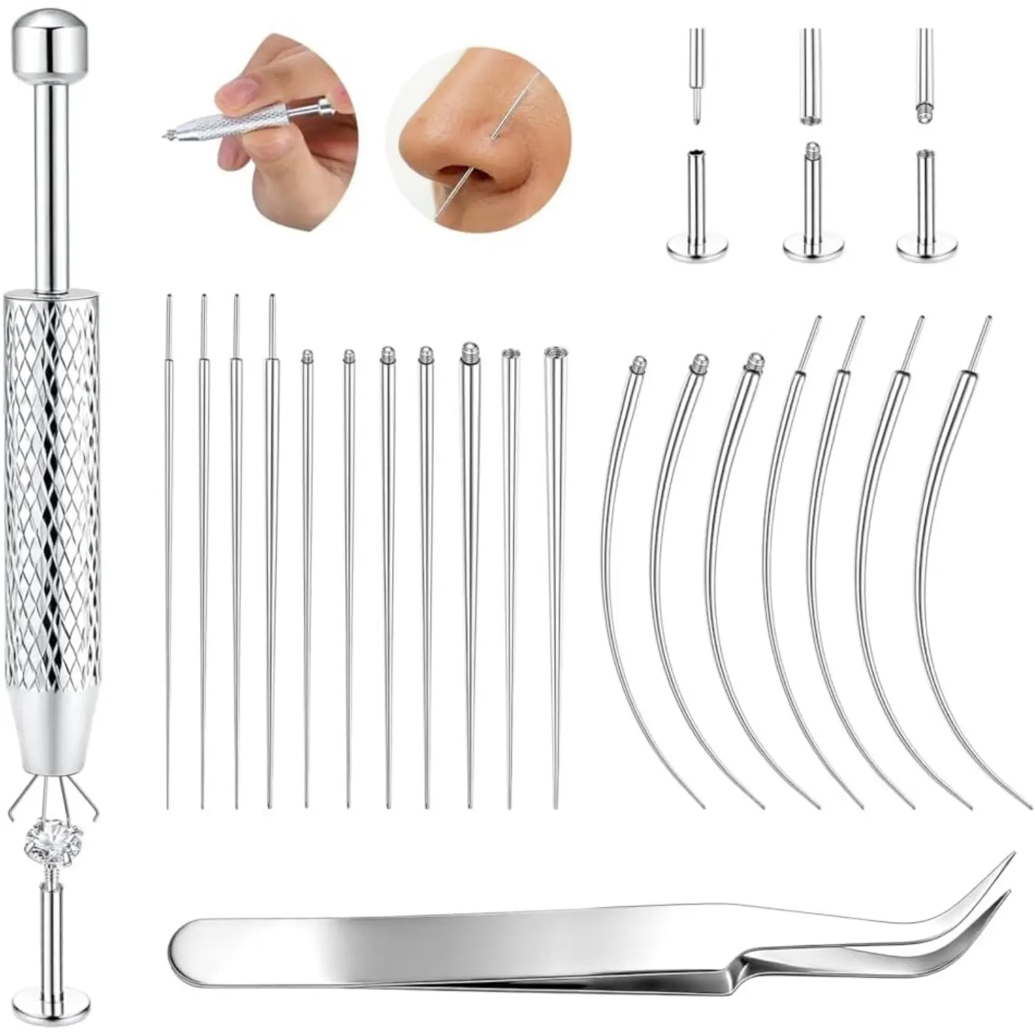 FIASASO 20Pcs Stainless Steel Jewelry Insert Tools Threadless Pin & Ball Grabber Flat Back Earring Helper for Ear Nose Lip Belly Body Jewelry 14G 16G 18G 20G