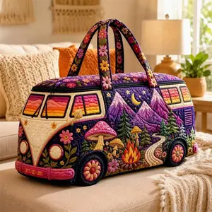 Boho Hippie Mushroom Van Print Duffel Bag Large Capacity Quilted Weekender Travel Tote Portable Carry On Bag for Gym Camping Vacation