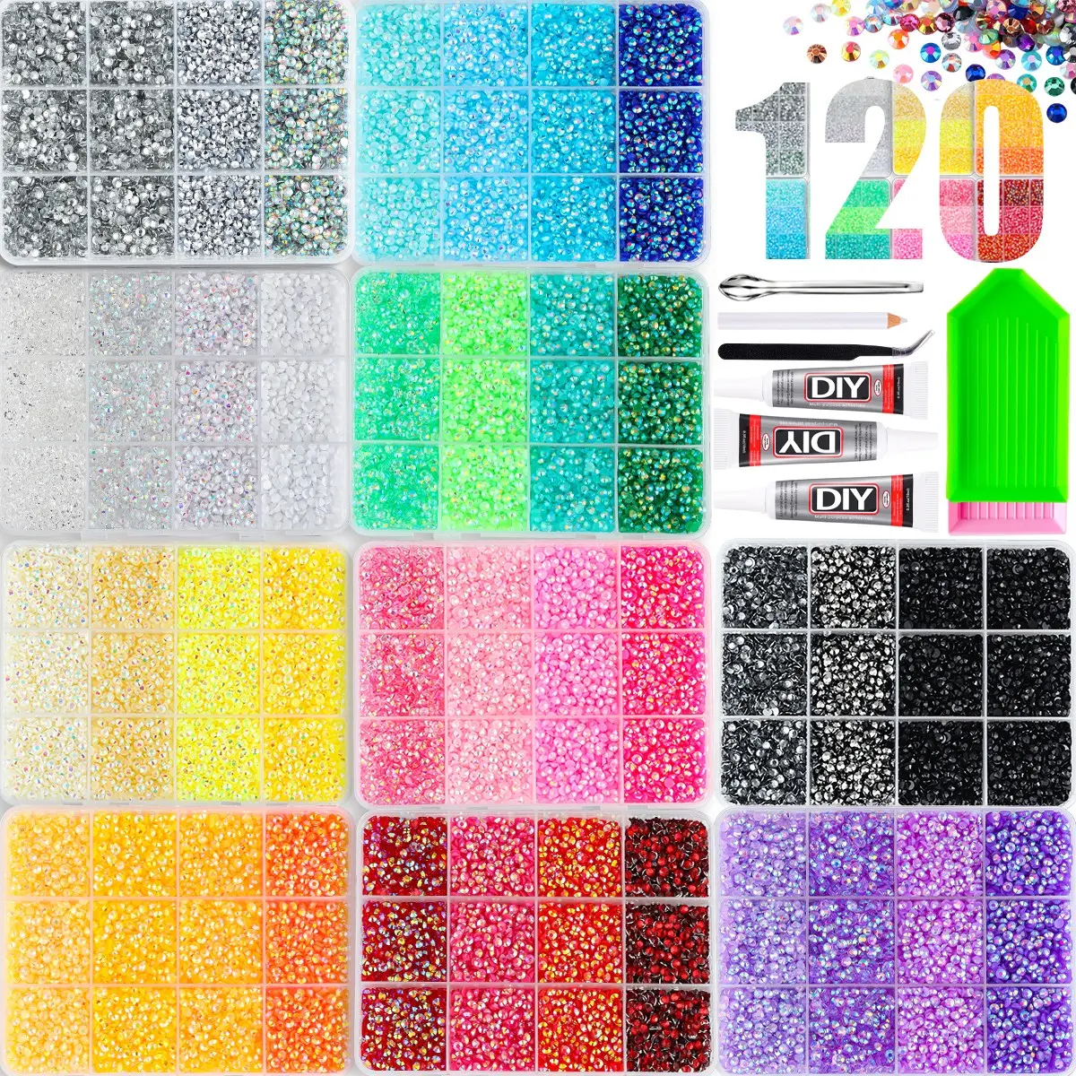 1 Set of Shiny Semi-Circular Flatback Rhinestones, 120-Color AB Jelly Rainbow Crystal Gem Kit with Tools for DIY Nail Art, Hairpins, Clothing, and Jewelry Accessories