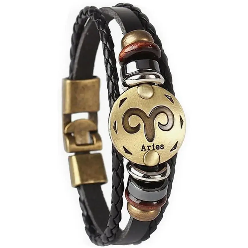 12 Zodiac Constellations Retro Alloy Leather Bracelet for Constellation Braided Rope Bracelet Bangle