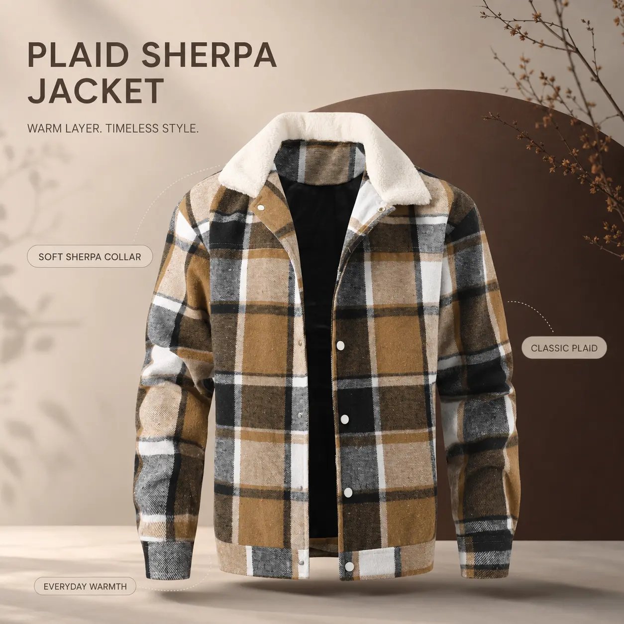 Men Sherpa Fleece Collar Plaid Flannel Jacket Quilted Lined Warm Button Down Shacket Winter Casual Vintage Plaid Trucker Coat
