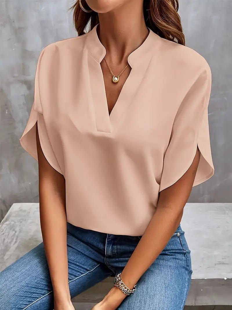 Women's Summer Casual Solid-color V-neck Loose-fitting Shirt - Elegant And Formal Blouse For Women