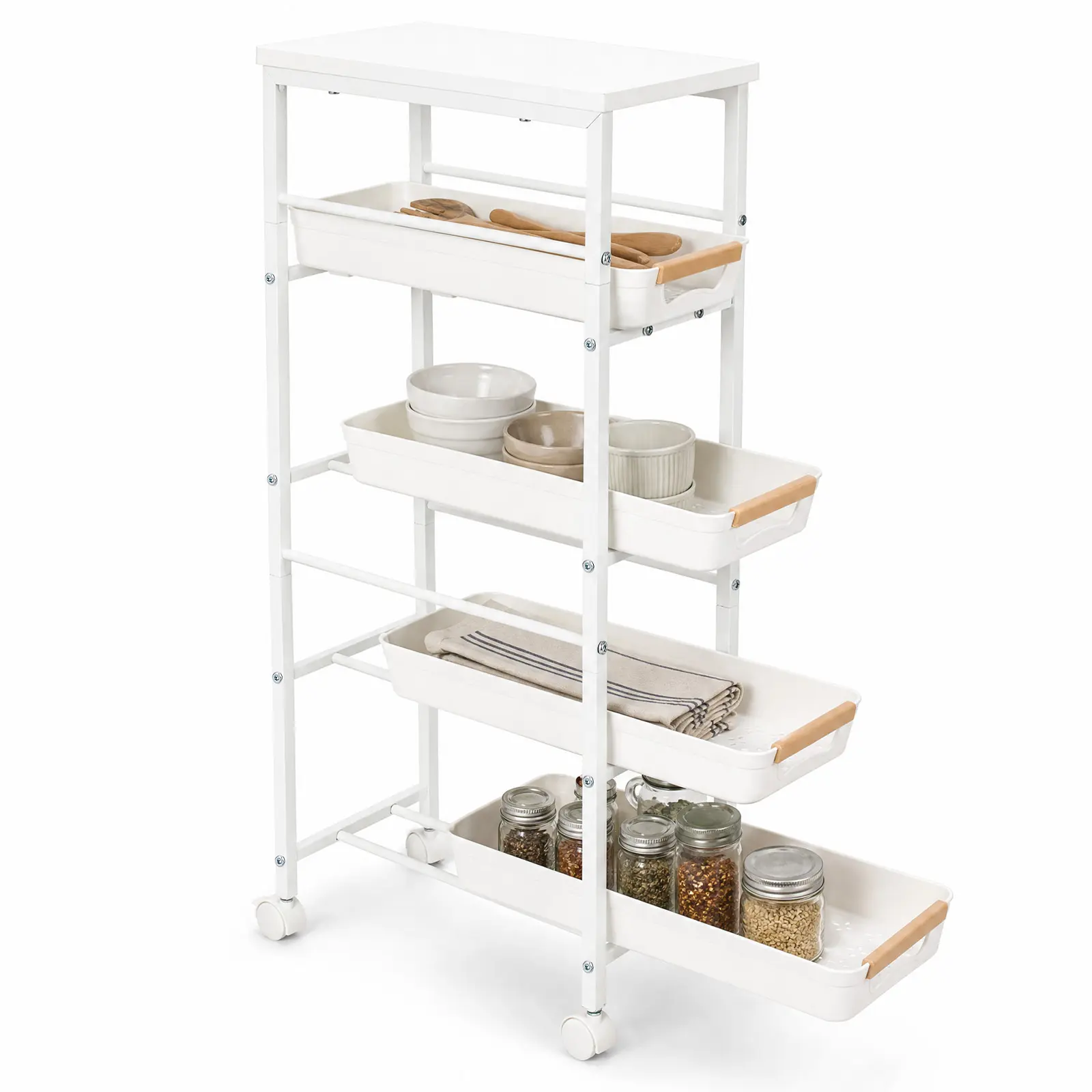 Space-Saving Slim Rolling Storage Cart – 5-Tier Utility Organizer with Pull-Out Basket & Tabletop – Mobile Shelf for Kitchen, Pantry, Bathroom, Living Room