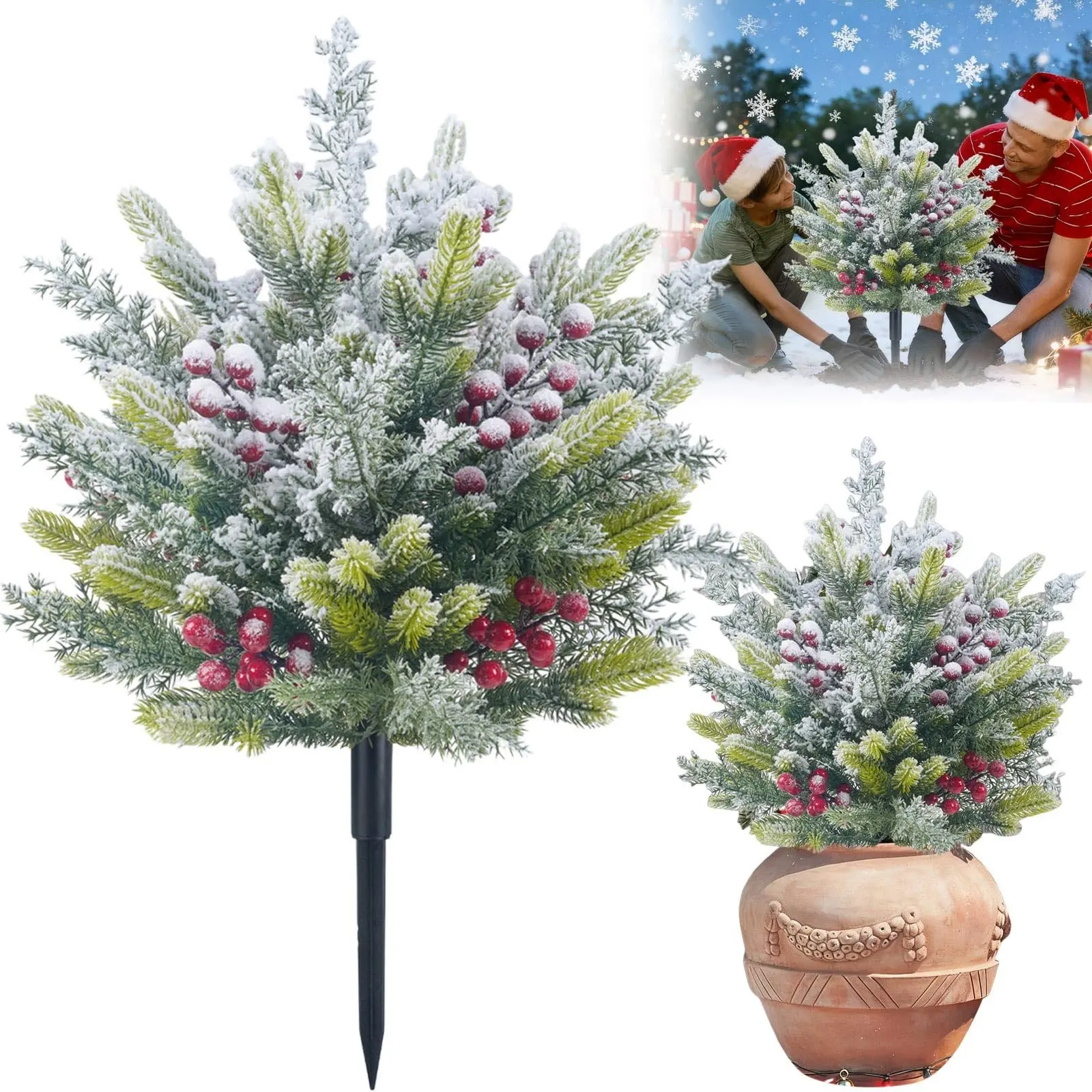 Artificial Christmas Tree with Frosted Berries, Faux Xmas Tree for Outdoor Yard, Winter Decoration Ground Stake Stump