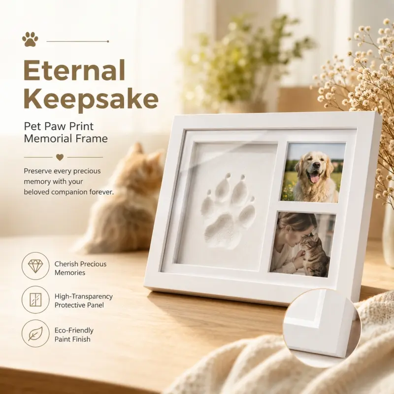 Solid Wood Pet Paw Print Memorial Frame, Integrated Photo & Paw Keepsake Ornament for Precious Pet Memories