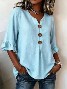 Women's Summer V-Neck Five-Finger Ruffle Sleeve Button Top Lightweight T-Shirt, Fashionable Casual Ladies' Clothing, Comfortable and Stylish Design