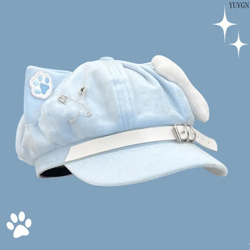 Streetwear Cat Ear Baseball Cap with Paw Embroidery and Bone Ornament, Unisex Short Brim Sun Shade Hat with Adjustable Strap for Casual Daily Wear, Sun Shade Cap