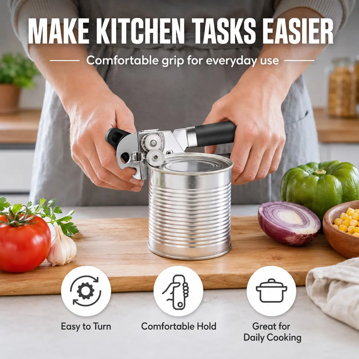 Manual Can Opener, Stainless Steel with Non-Slip Handles, Ergonomic Knob, Smooth Cutting Wheel for Kitchen Use