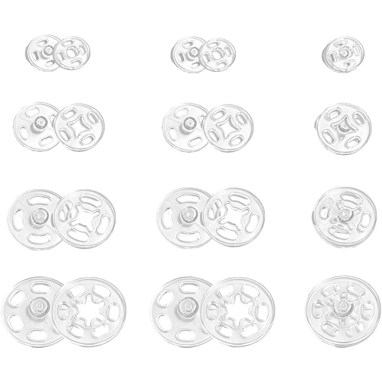 Sew- Clear Snap Buttons 120 Sets 4 Sizes Plastic Invisible Fasteners | Durable Clear Plastic Invisible Seamless Finish Easy Sew Installation Secure Snap Closure 4  Sizes Multi Sewing Use