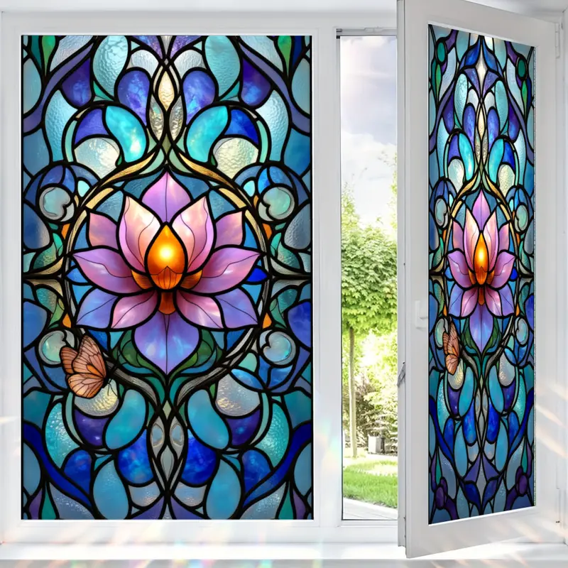 2D Flat Static Cling Stained Glass Lotus Flower And Butterfly Design Rectangular Ornament For Window And Door Decor Removable