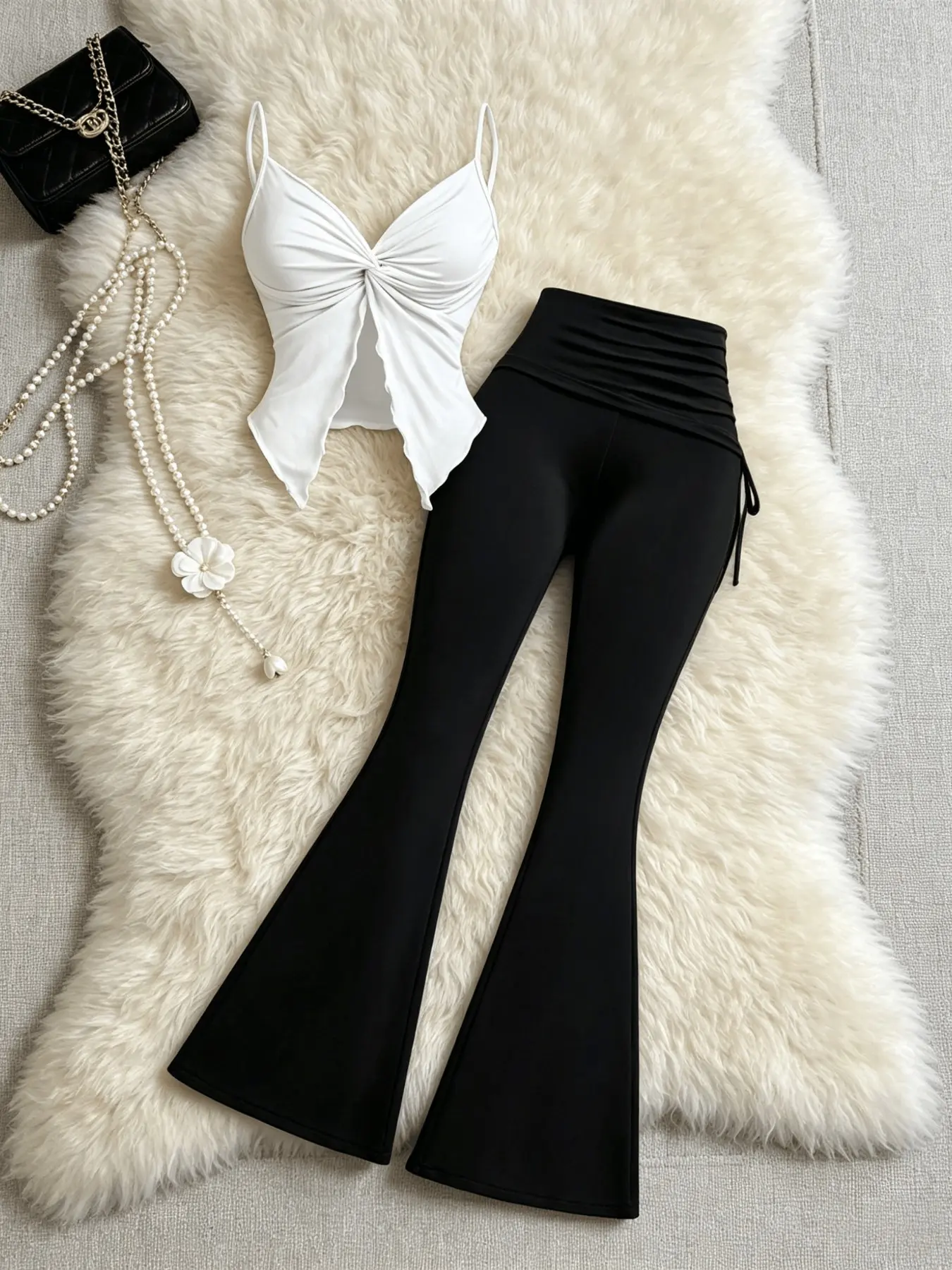 Sexy Knotted Wave Edge Spaghetti Strap Top & Drawstring Bell Bottoms Two-Piece Set, Slim-Fit for Women, Casual Trendy Clothes