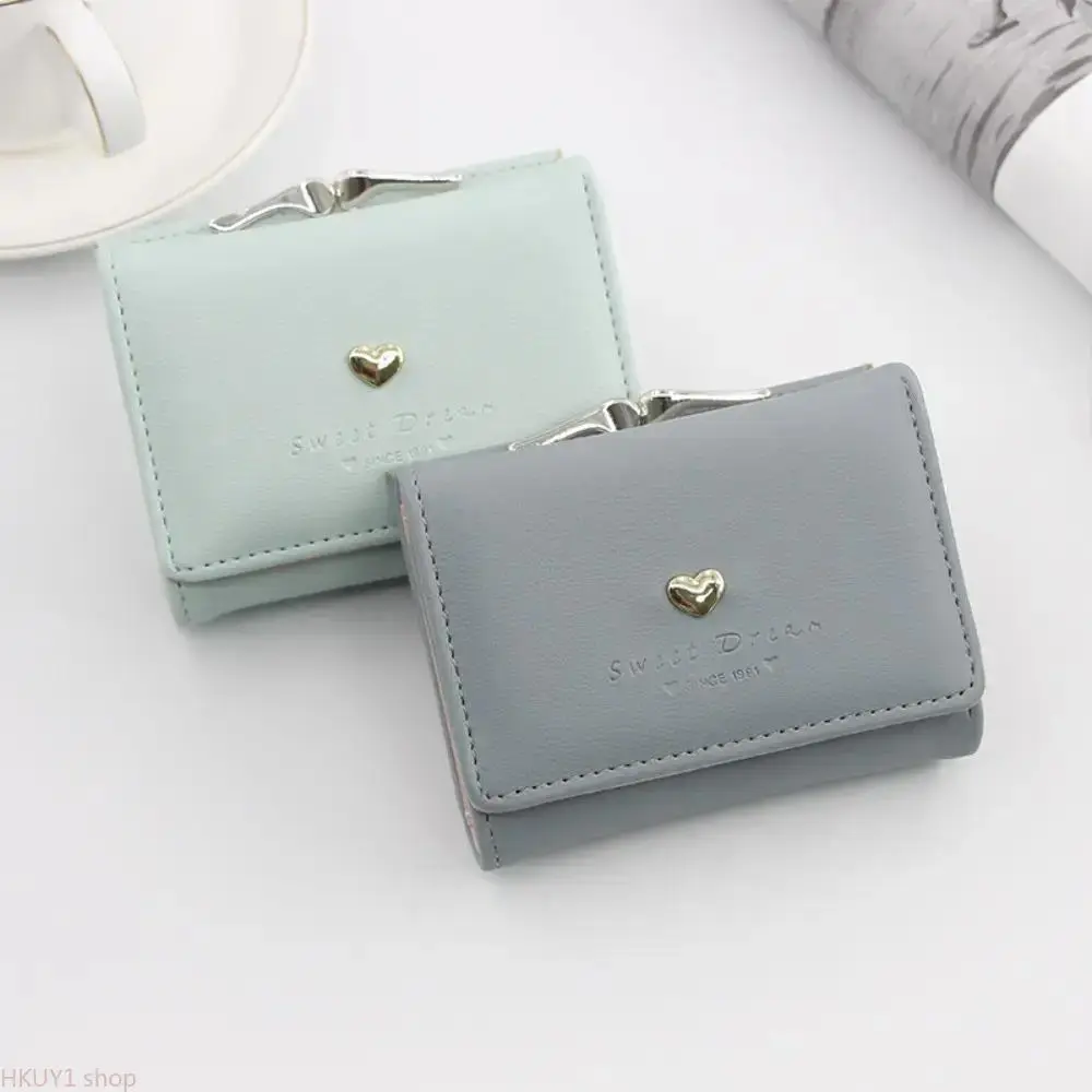 Synthetic PU Leather Trifold Short Wallet with Heart Metal Accent - Kiss-Lock Closure, Multi-Slot, ID Holder, Coin Purse, Compact Clutch for Teen Girls Daily Use