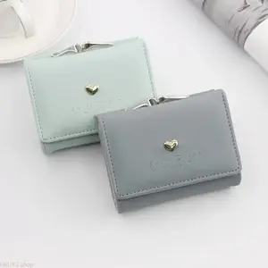 Metal Heart Accent PU Leather Trifold Short Wallet - Kiss-Lock Closure, Multi-Slot, ID & Coin Purse, Compact Clutch for Teen Girls Daily Use