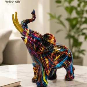Abstract Colorful Graffiti Elephant Sculpture, Hand-Painted Resin Lucky Elephant Statue, Modern Home Desktop Decorative Ornament