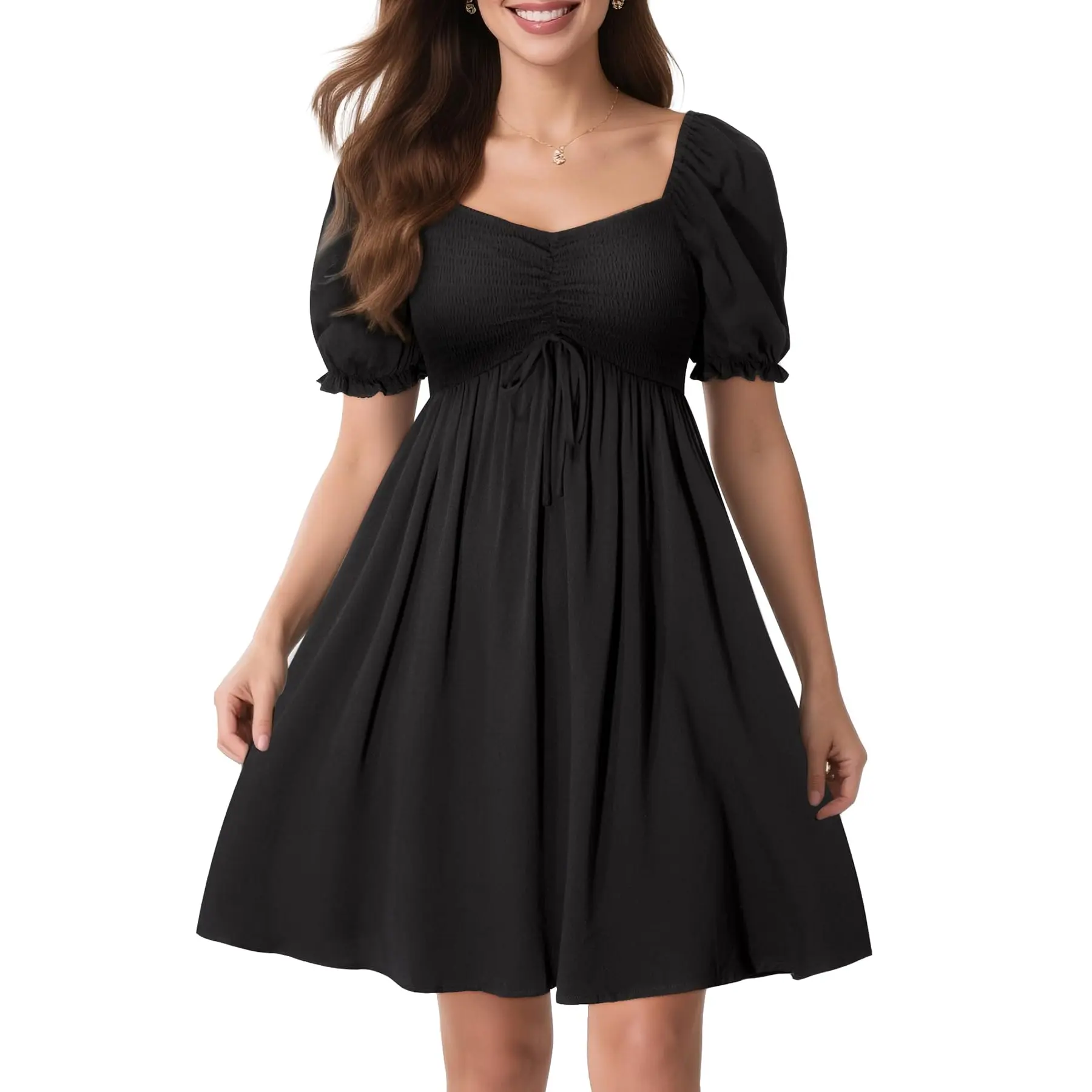 Pinup Fashion Summer Women Dresses Casual Sun Teen Spring Cute Short Smocked Puff Sleeve Sweetheart Preppy Juniors Dress