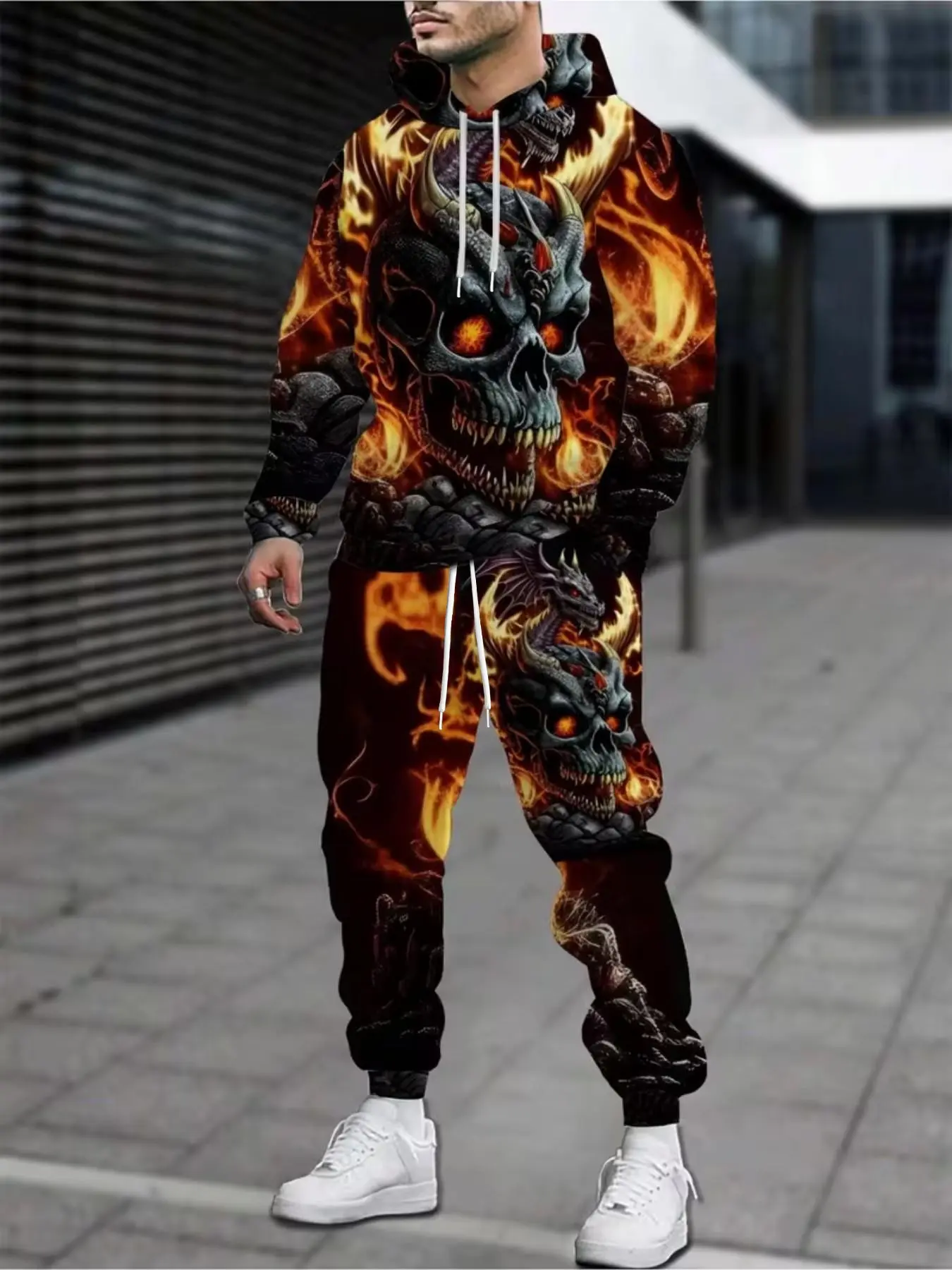 Men's Streetwear Hoodie Set, Long Sleeve Flame Skull Dragon 3D Print, Casual Loose-Fitting Long Pants, All-Seasons Geometric Pattern, Natural Waist, Sweatsuit Set