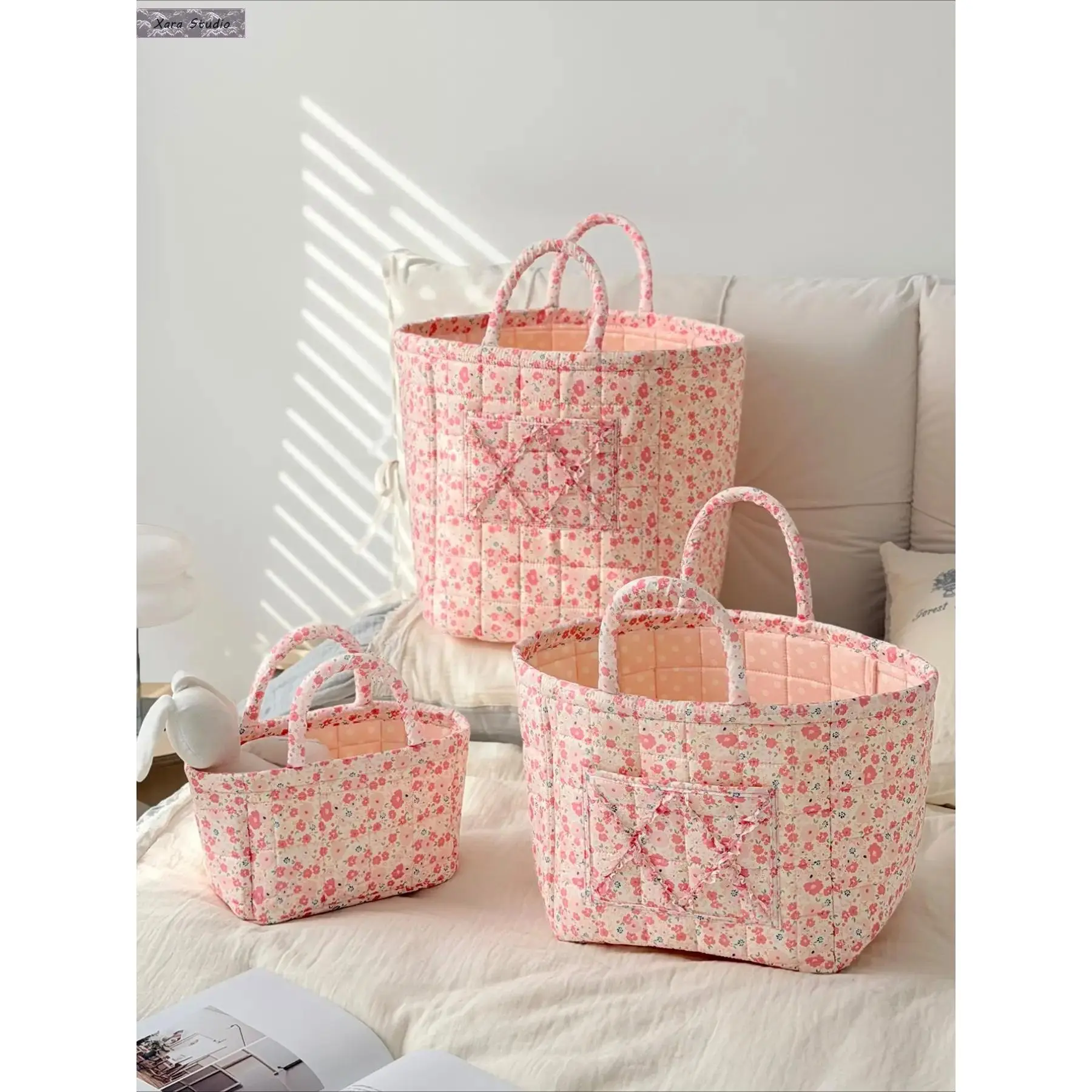 Floral Storage Basket for Bedroom and Bathroom Organization, Foldable Fabric Storage Bin, Decorative Home Organizer for Underwear, Toys, Cosmetics and Office Supplies, Cute Space Saving Storage Solution
