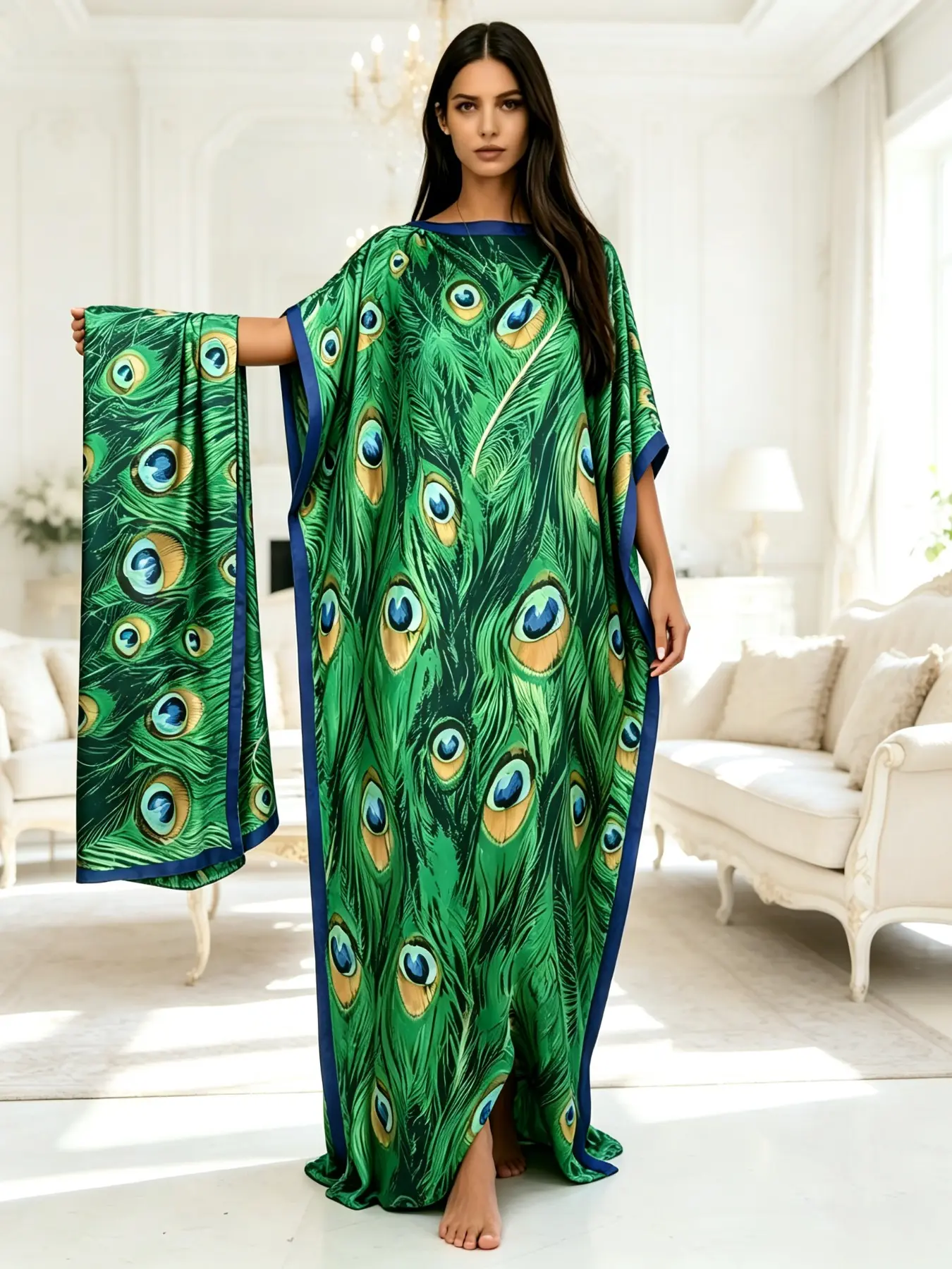 Plus Size Women's Two-Piece Satin Kaftan Set, Van Gogh Apricot Flower Print, Loose Fit, Home Beach Vacation Wear