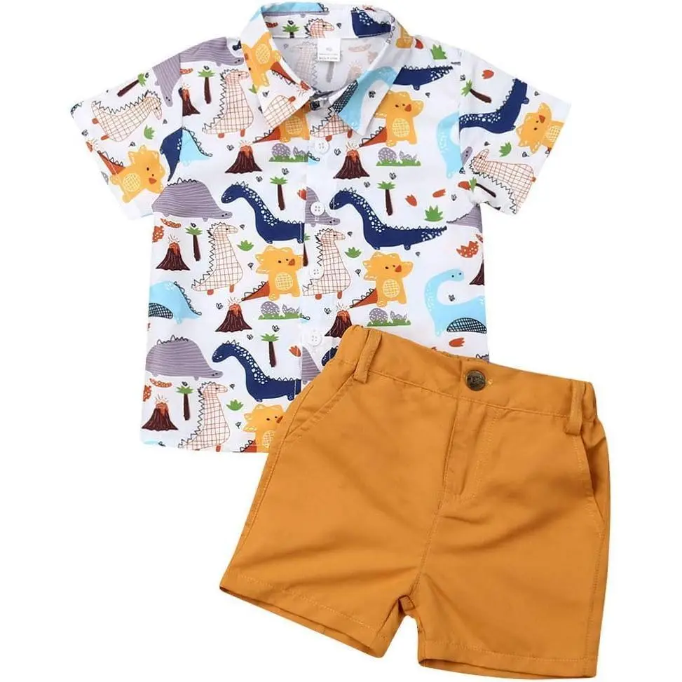 Toddler Boys' 2-Piece Summer Outfits - Flamingo Print Short Sleeve Button Down Shirt & Shorts Clothes Set for 1-6Y, Nature & Animal Dinosaur Themed Baby Gift Set, Gifts, Animals, Dinosaurs, Casual, Pink Shirt, 3-4T, Set Combo