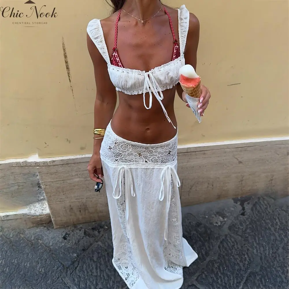 Women 2 Piece Cover Up Set Tie-up Cami Tops and Patchwork Lace Low Rise Long Skirt for Beach Party