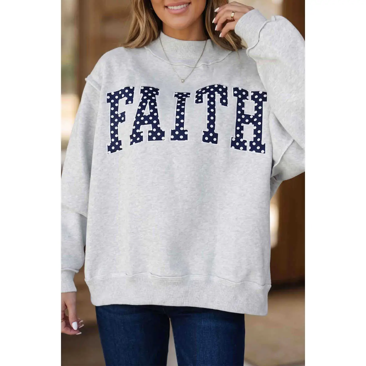 Lady's Everyday Baggy Polka Dot Slogan Graphic Sweatshirt - High Neck Ribbed Long Sleeve Oversized Polyester Embroidery Pullover Top