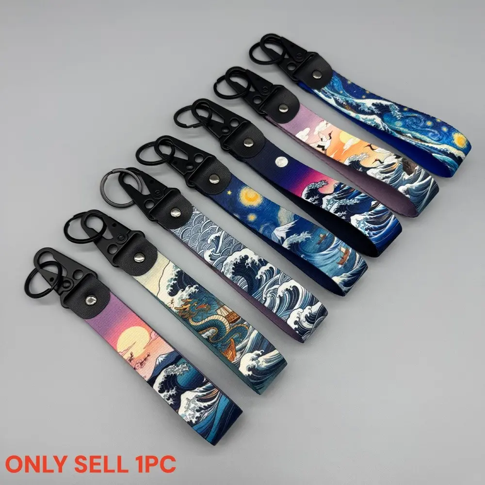 1 pc JDM Style Great Wave Keychain Nylon Thermal Transfer Wrist Lanyard, The Wave off  Car Key Strap, Compatible with Cars Motorcycles Backpacks, Japanese Ukiyo-e Style Keychain Gift for JDM Fans & Culture Lovers, Sturdy & Trendy