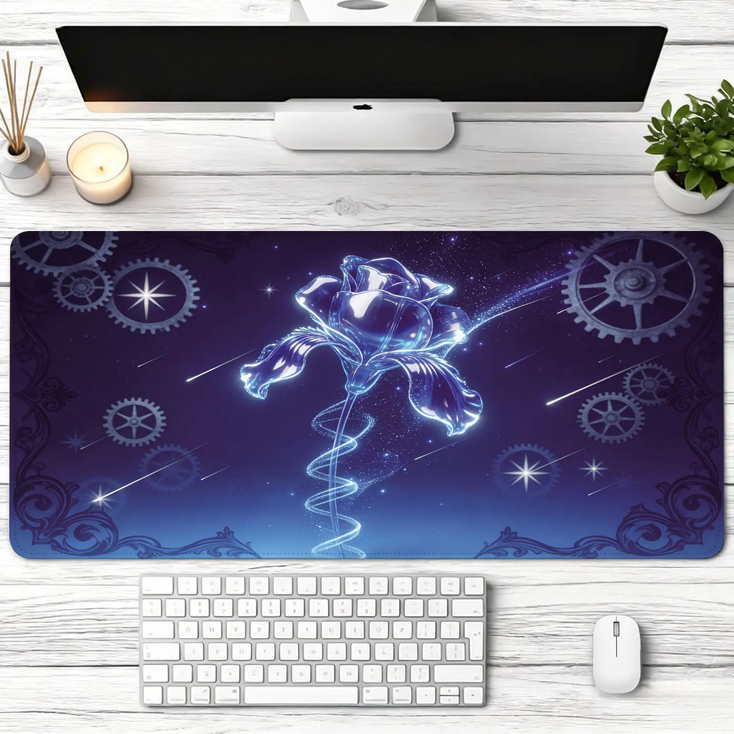 Extra Large glowing crystal rose steampunk gear Mouse Pad,Non Slip Rubber Pad,Desktop Decoration Drotection Pad,Washable,Lock Edge Multi Size,Premium Multipurpose Mousepad For Home,Office,Gift for Family and Friends