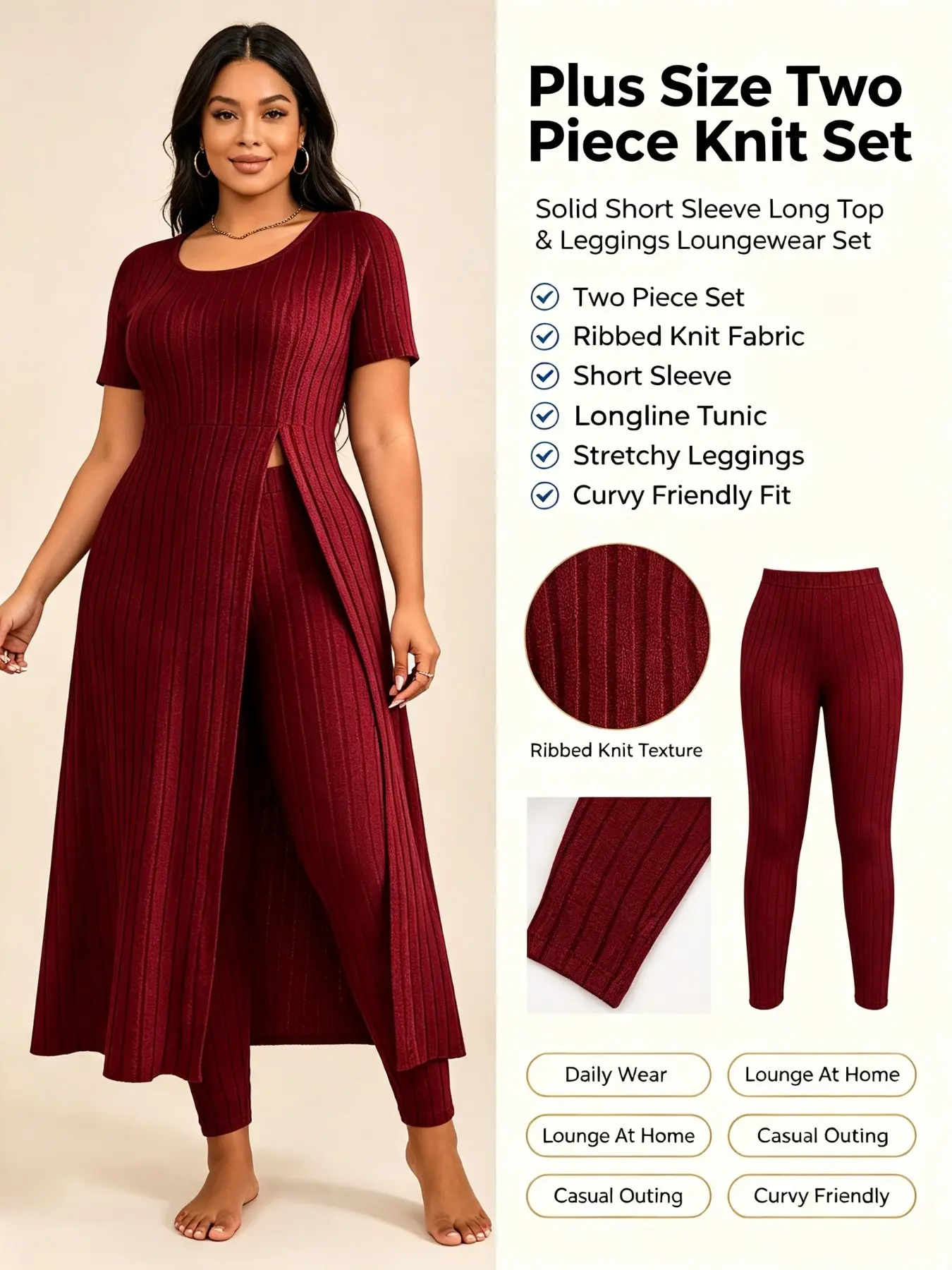 Plus Size Vertical Stripe Knit Two-Piece Set, Short Sleeve Round Neck Split Long Shirt + High Elastic Tight Pants, Casual Home
