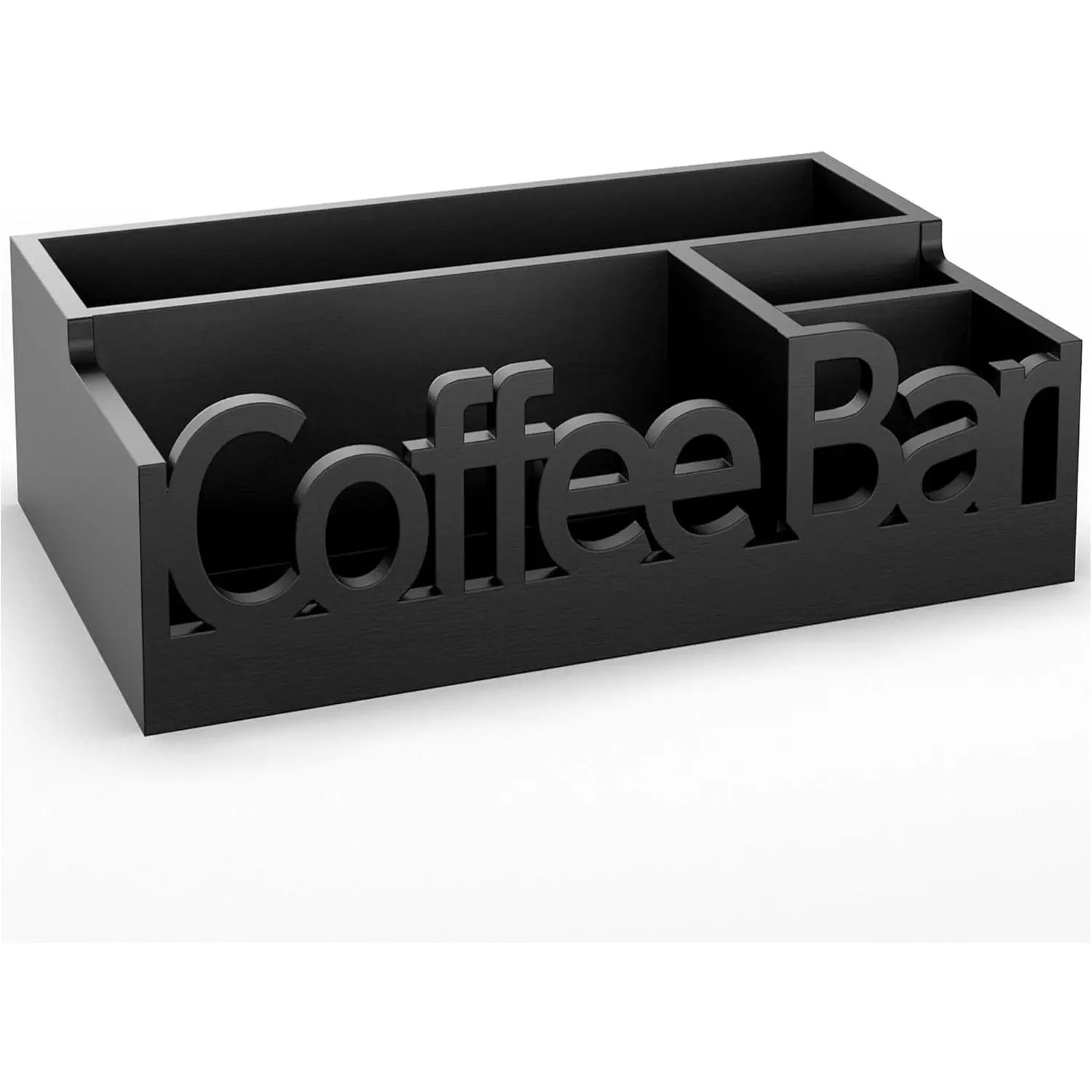 Coffee Bar Organizer for Countertop – Wooden Coffee Caddy with Compartments for Pods, Sugar Packets, and Accessories – Coffee Condiment Station Storage for Home and Office (Black)