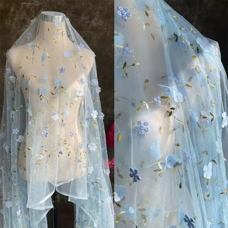F3D Blue Vintage Floral Embroidered Mesh Lace Fabric - Polyester Tulle for DIY Dresses, Women’s Gowns, Sewing Supplies