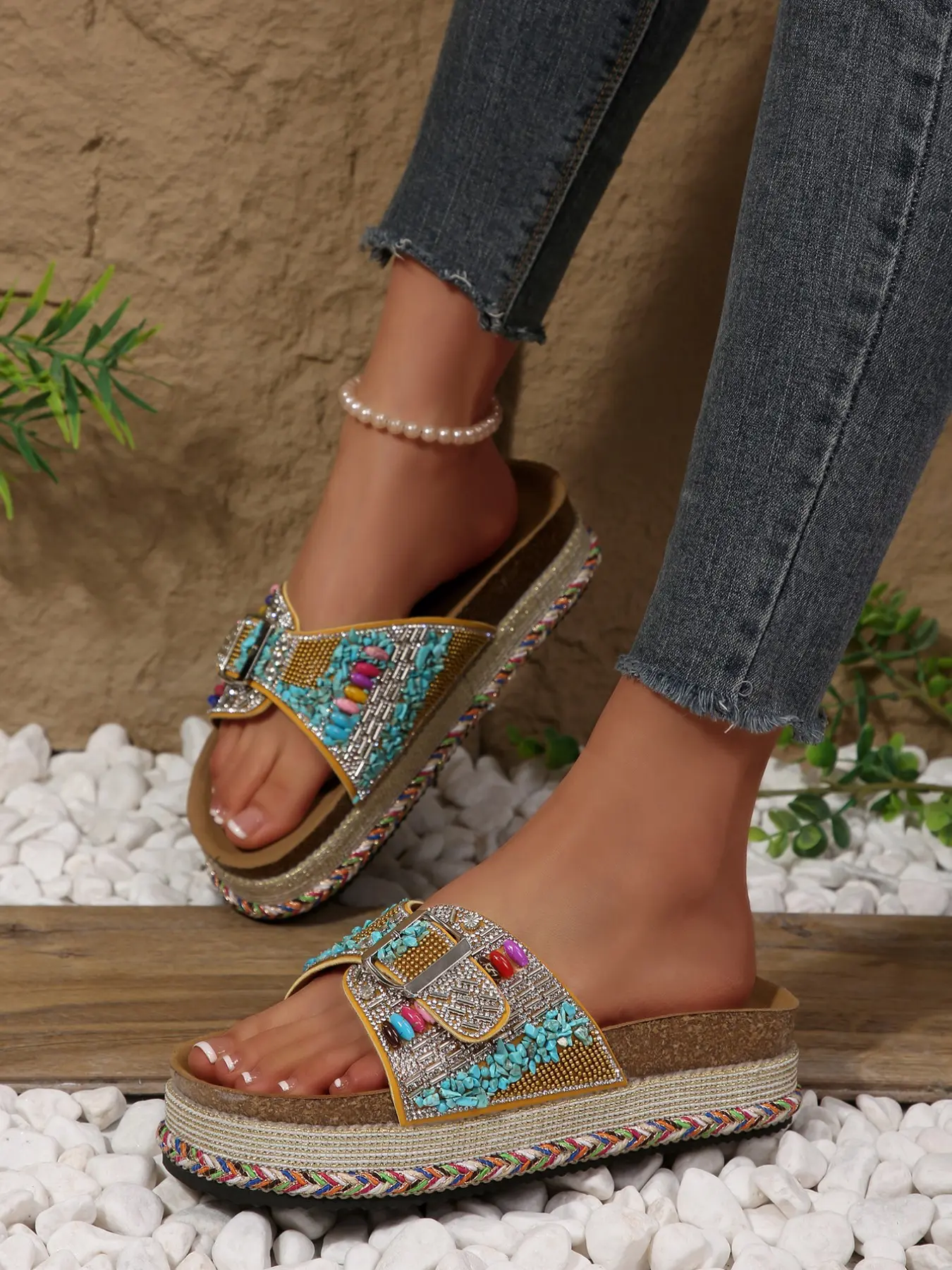 Plus Size 36-43, Multiple Colors Available, 2026 New Summer Bohemian Ethnic Slide Sandals, Embellished Platform Sandal, Rhinestone Sequin Platform Slippers, Non-slip Rubber Sole Casual Beach Shoes For Women