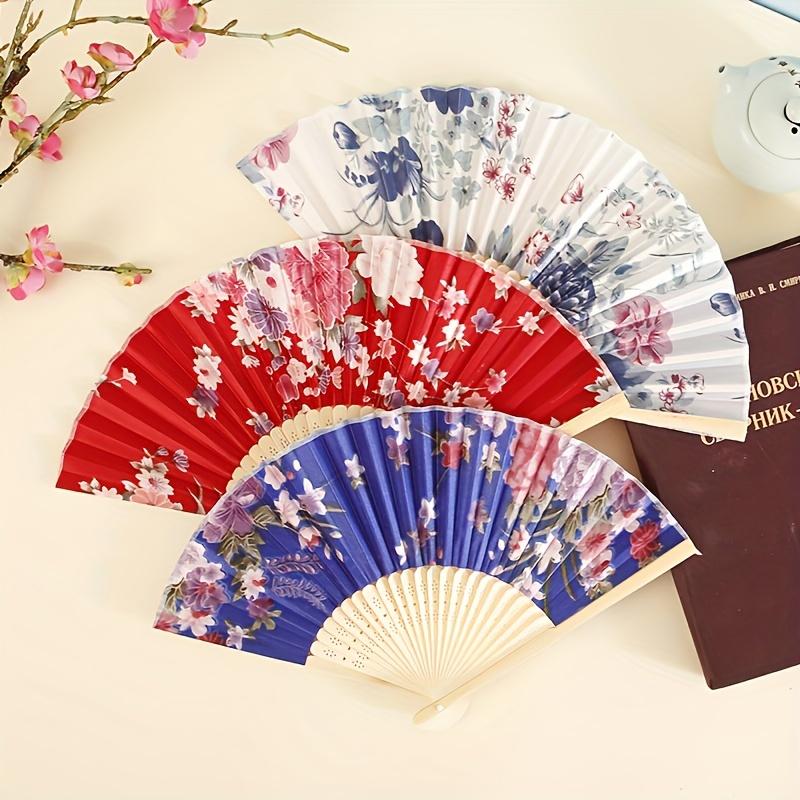 1Pcs/3Pcs Floral Flower Design Folding Hand Fan Japanese Vintage Folding Fan Chinese Retro Style Hand Fan with Wooden Ribs Decor Fan for Dancing Wedding Party Decorations Supplies