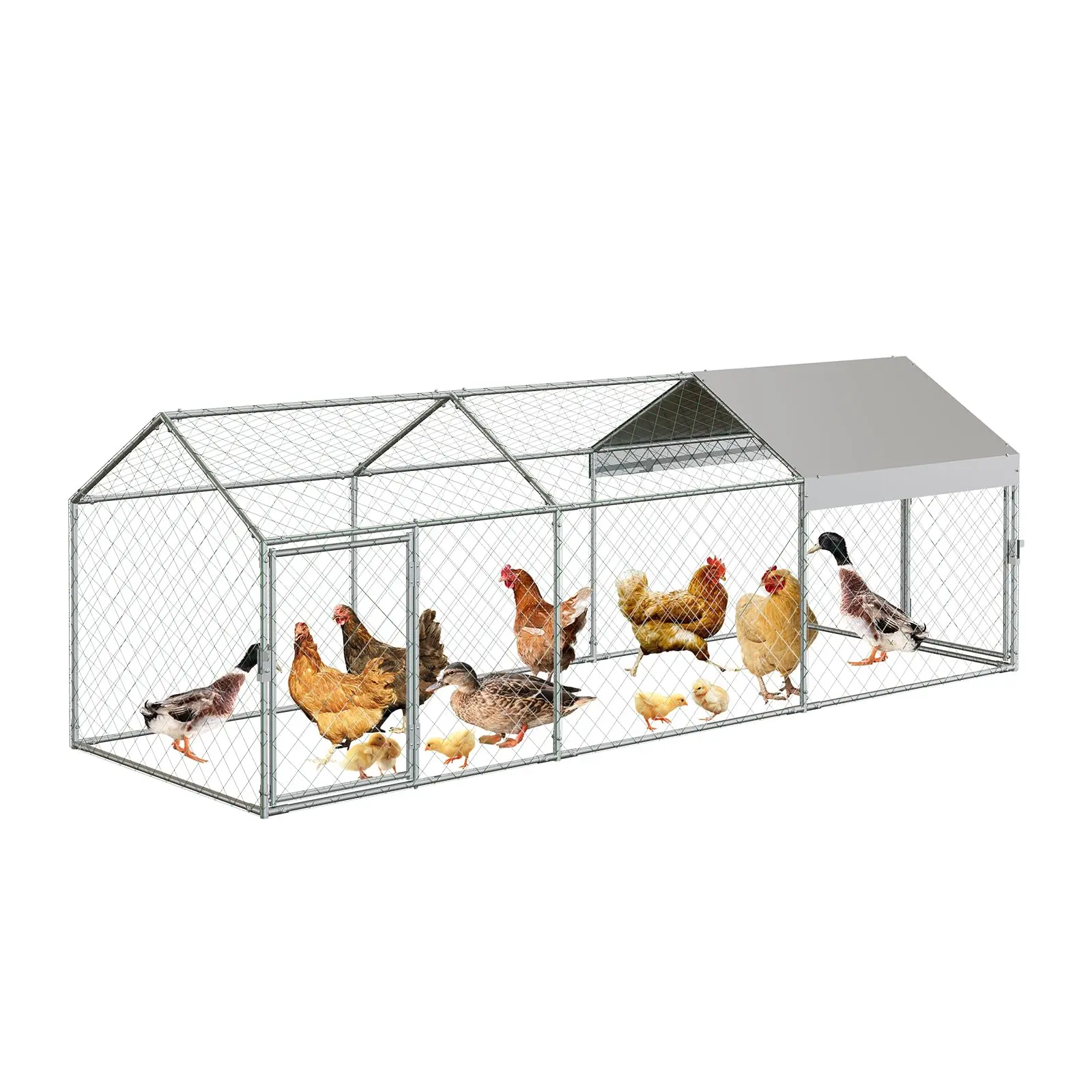 Spacious & Durable Large Metal Chicken Coop Walk-In Poultry Cage with Waterproof & Anti-UV Cover, 4 Doors, Outdoor Hen House Chicken Run, Fits Chickens, Ducks, Rabbits, Geese – Silver/Black