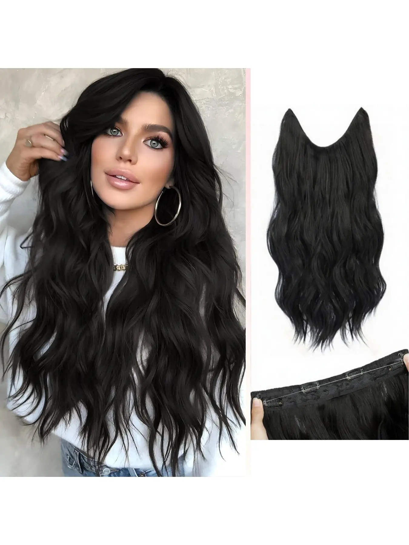 Halo Hair Extensions 20 Inch Invisible Wire Hair Extensions Adjustable Long Wavy Hairpiece Synthetic Upgrade 4 Secure Clips in Hairpieces