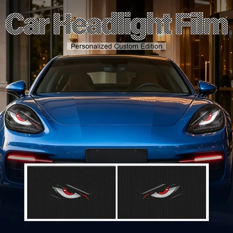 11.81" X 19.69" Car Headlight Mesh Red Eye Sticker, Mesh Headlight Decal, Automotive Decals, Automobile Decals, Universal Car Headlight Film, Light-Transmitting Perforated, Stylish Appearance Design, Self-Adhesive, Durable Vinyl Car Decorative Sticker