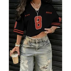 Black Jersey Short V-Neck T-Shirt with Number and Letter Digital Print