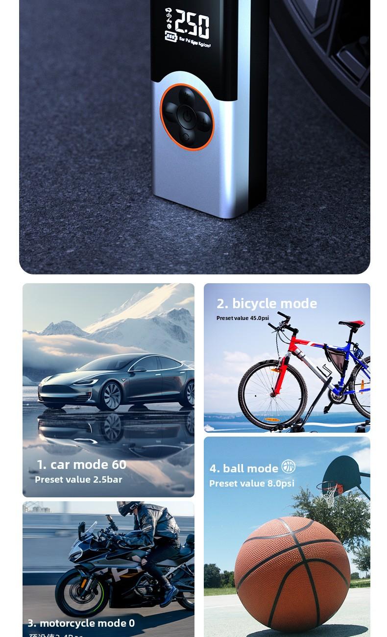 Wireless Portable Smart Electric Tire Inflator, Rechargeable Air Compressor Pump for Car, Off-Road Vehicle, Bicycle and Motorcycle