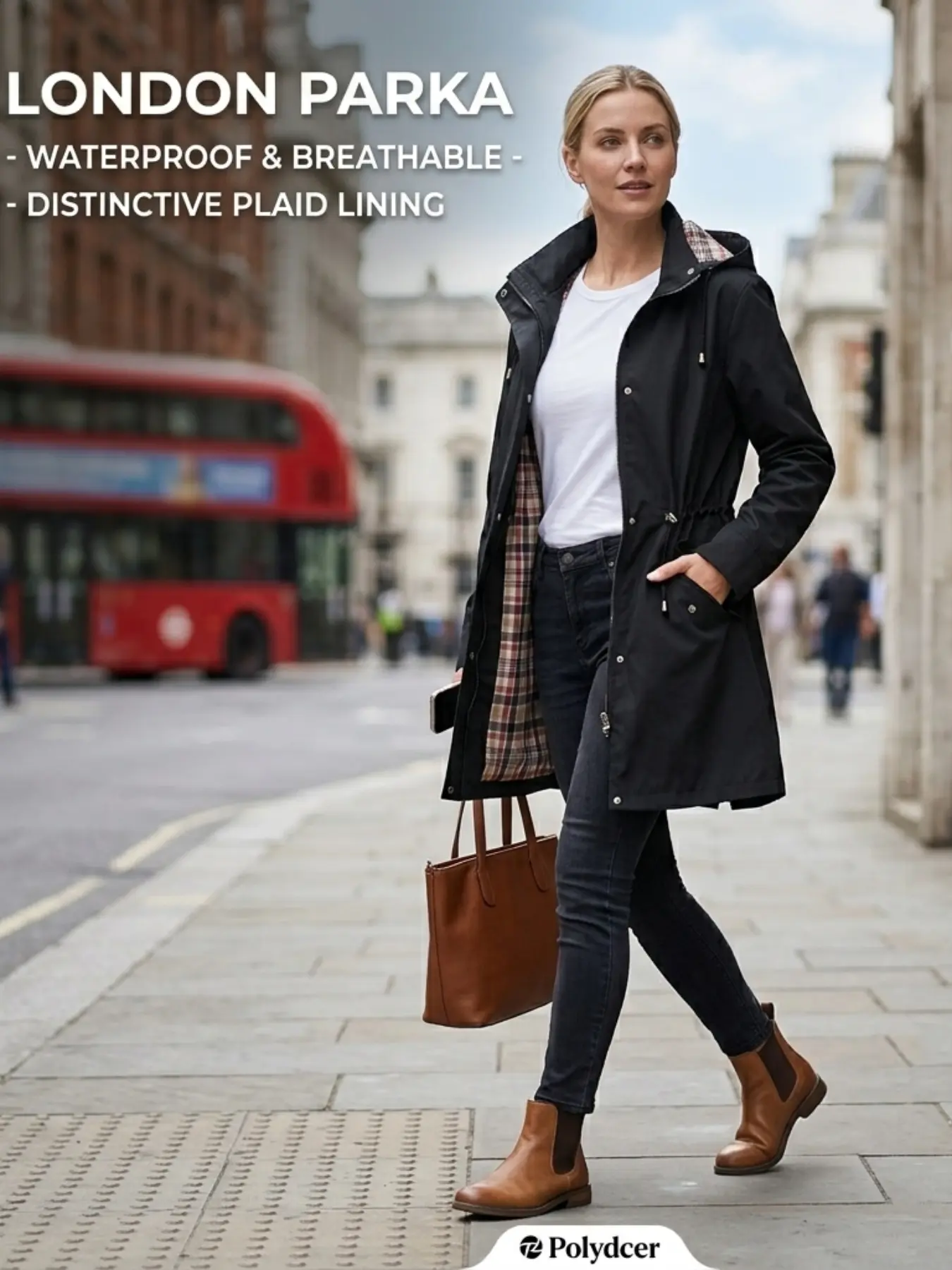Women's Solid Color Drawstring Zip Up Hooded Trench Coat Raincoat, Casual Long Sleeve Waterproof Windproof Breathable Outerwear for Spring & Fall, Ladies Clothes for Daily Wear
